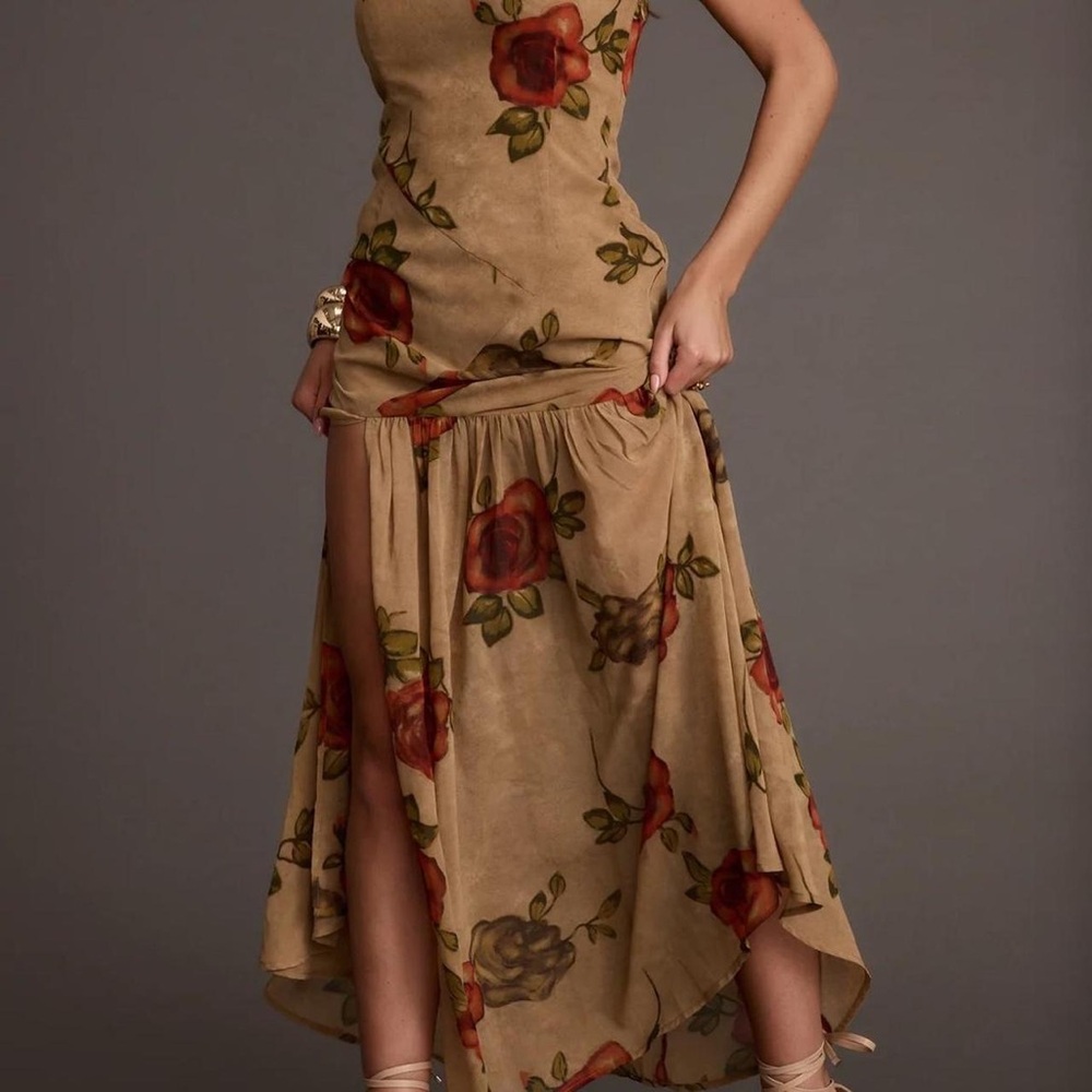 LaBelle Tan Floral Drop Waist Maxi Dress 12th Tribe